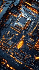 Poster - High-Tech Circuit Board with Glowing Orange Lines and Details