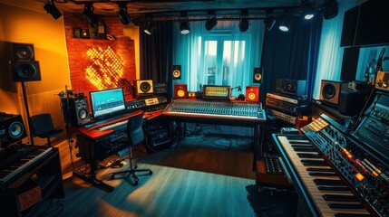 Aufkleber - A vibrant music recording studio with musical instruments and recording tools, Recording tools and musical compositions meticulously arranged, Musical creativity style