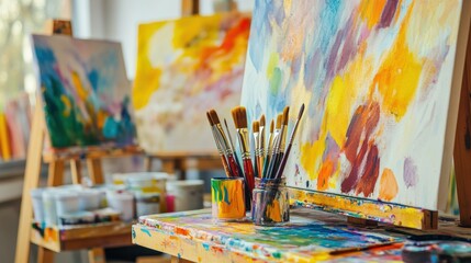 Aufkleber - A vibrant painting studio with art tools and colorful canvases, Painting tools and inspirational studio settings meticulously arranged, Artistic inspiration style