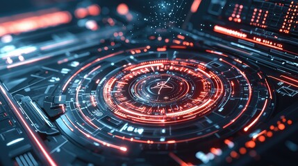 Poster - Futuristic Digital Interface with Bright Neon Lights and Patterns