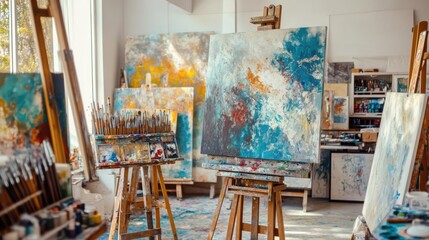 Aufkleber - A vibrant painting studio with various easels and canvases, Paintbrushes and palettes neatly organized, Contemporary artistic style