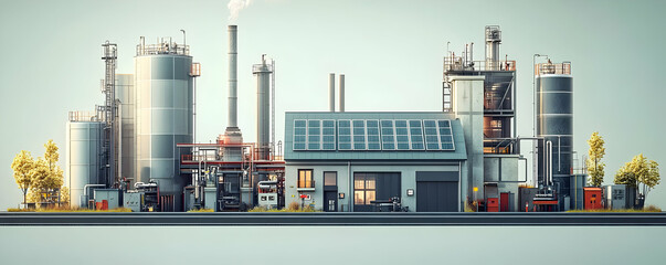 Poster - A modern industrial facility with large storage tanks, solar panels, and smokestacks.