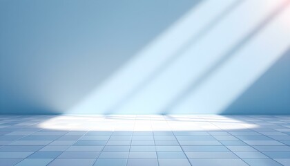 Poster - Abstract light blue background with tile floor and spotlight for product presentation. Abstract blue concrete room background for product presentation. Blue spotlight shines on a dark tiled floor.
