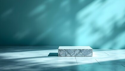 Poster - Abstract light blue background with tile floor and spotlight for product presentation. Abstract blue concrete room background for product presentation. Blue spotlight shines on a dark tiled floor.
