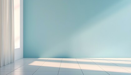 Poster - Abstract light blue background with tile floor and spotlight for product presentation. Abstract blue concrete room background for product presentation. Blue spotlight shines on a dark tiled floor.