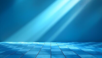 Aufkleber - Abstract light blue background with tile floor and spotlight for product presentation. Abstract blue concrete room background for product presentation. Blue spotlight shines on a dark tiled floor.