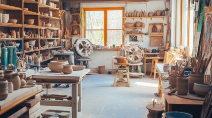 Aufkleber - A vibrant pottery studio filled with spinning wheels and clay creations, Artists' tools arranged amidst creative chaos, Artistic workshop style