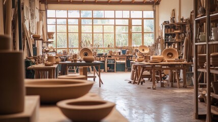 Aufkleber - A vibrant pottery studio filled with spinning wheels and clay creations, Artists' tools arranged amidst creative chaos, Artistic workshop style