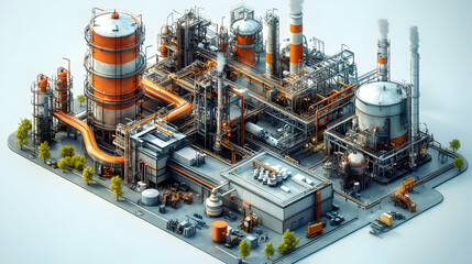 Poster - A detailed industrial complex featuring storage tanks, pipes, and machinery for processing.