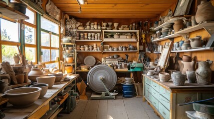 Poster - A vibrant pottery studio with throwing wheels and clay creations, Pottery tools and artisanal pottery pieces neatly organized, Modern artisan style