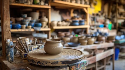 Aufkleber - A vibrant pottery workshop with potters' tools and spinning clay wheels, Ceramic artist's tools set amidst shelves of glazes and molds, Artistic ceramics style