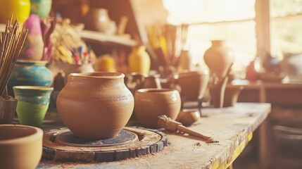 Poster - A vibrant pottery workshop with pottery wheels and clay creations, Pottery tools arranged in a creative pottery studio, Artisanal craft style
