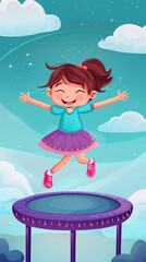 A cute vector illustration of a girl in a purple skirt and pink shoes, jumping on a trampoline with a big smile and a cloud-filled sky above.