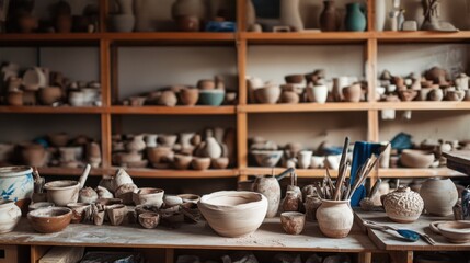 Poster - A vibrant pottery workshop with shelves of sculpted clay vessels, Pottery tools arranged amidst the creative chaos, Artisanal pottery style