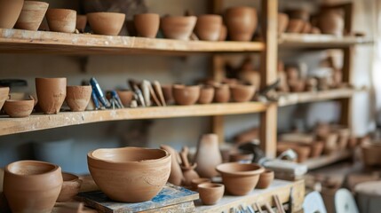 Poster - A vibrant pottery workshop with shelves of sculpted clay vessels, Pottery tools arranged amidst the creative chaos, Artisanal pottery style