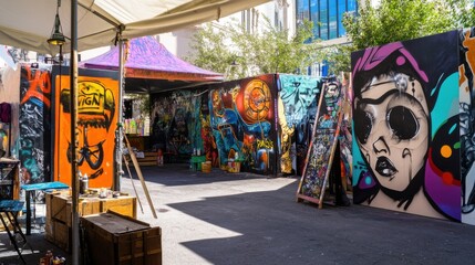 Poster - A vibrant street art festival with graffiti artworks and urban art installations, Artistic displays and vibrant murals set up for creative expression, Classic photo of