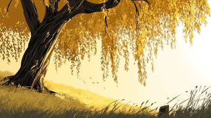 Poster - Weeping willow tree in autumnal field.