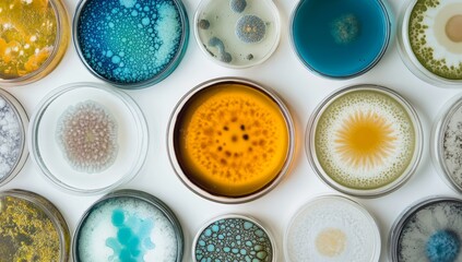 Aufkleber - petri dishes with various bacterial and fungal colonies.