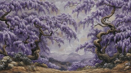 Wall Mural - A serene landscape featuring purple wisteria trees and distant mountains under a cloudy sky.