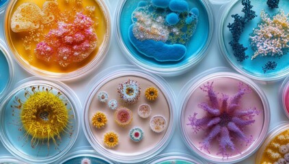 Aufkleber - Colorful petri dishes with various bacterial and fungal cultures. (2)