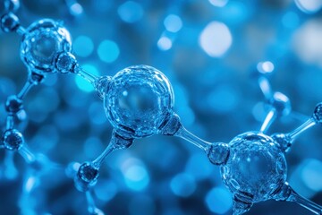 Poster - Abstract blue molecule structure; close-up. Ideal for science, technology, and medical concepts; represents connection and innovation.