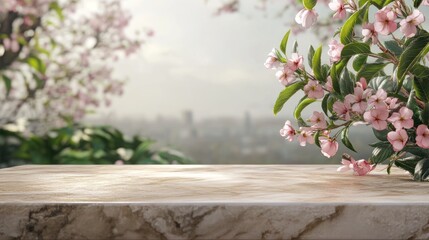 Poster - Empty marble table with blossoming pink flowers and blurred city background.