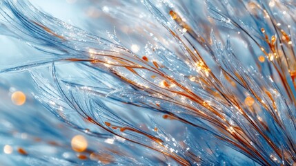 Aufkleber - Abstract close-up of frost-covered plants with bokeh effect, showcasing delicate textures and icy blue and orange hues.
