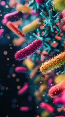 Poster - Vibrant Microscopic Structure of Colorful Bacteria in a Dark Background