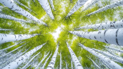 Aufkleber - Low-angle view of birch trees with bright green leaves and sunlight filtering through the canopy.
