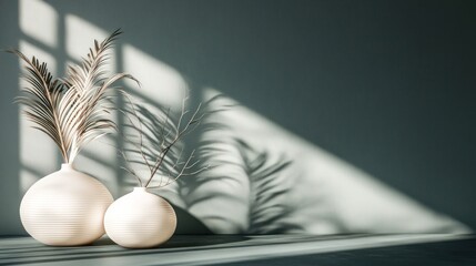 Aufkleber - Two ceramic vases with dried palm leaves, illuminated by sunlight casting shadows on a teal wall.