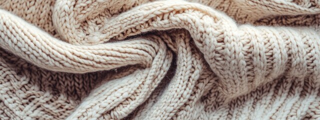 Poster - Close-up of cream-colored knitted fabric texture.