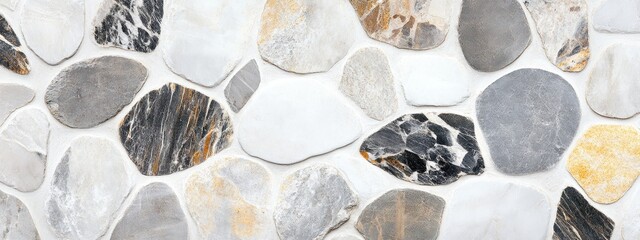 Poster - Seamless texture of various smooth stones in gray, white, and beige tones, arranged in a mosaic pattern on a white background.