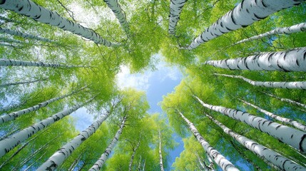 Poster - Low-angle view of birch trees in spring, bright sunlight through leaves, blue sky.