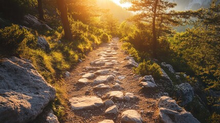 Aufkleber - Sunlit stone path winding uphill through lush green forest.