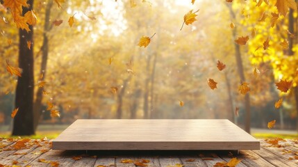 Poster - Empty wooden platform in autumn park with falling leaves.