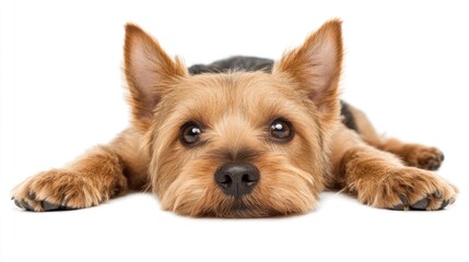 Poster - Adorable Yorkshire Terrier puppy lying down on white background, looking directly at camera.