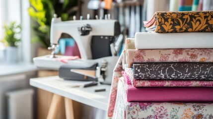 Poster - A well-organized sewing room with a variety of fabrics, Sewing machine and tools neatly arranged, Vintage chic style