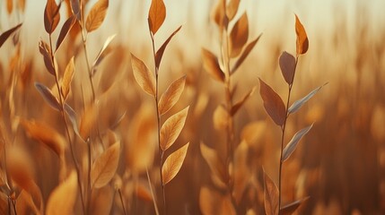 Poster - Golden hour sunlight illuminating slender branches with vibrant autumn leaves in a field.
