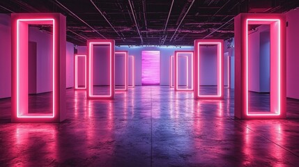 Poster - A modern art installation featuring illuminated pink frames in a spacious gallery.