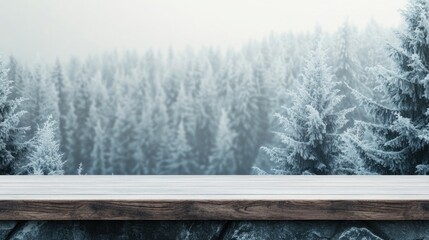 Aufkleber - Empty wooden table against blurred snowy forest background.