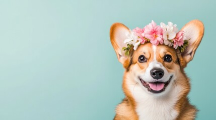 Poster - Happy corgi dog wearing a flower crown against a light blue background.