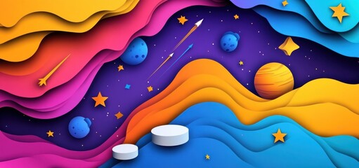 Poster - Colorful paper art depicting a vibrant space scene with planets, stars, rockets, and a podium.