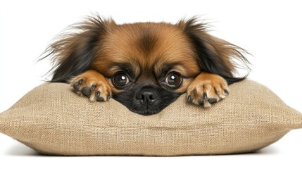 Aufkleber - Adorable brown puppy resting its paws on a beige pillow against a white background.