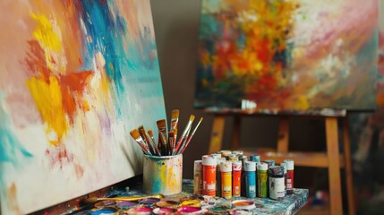 Aufkleber - An artistic painting studio with colorful canvases and brushes, Paint tubes organized in a creative workspace, Creative expression style