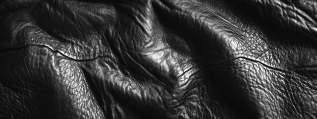 Poster - Close-up view of black leather texture with wrinkles and creases.