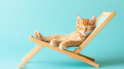 Aufkleber - Cute ginger kitten naps peacefully on a miniature beach chair against a light blue background.
