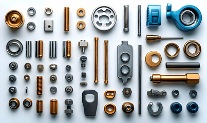 Poster - A collection of metallic mechanical parts arranged for display or assembly purposes.
