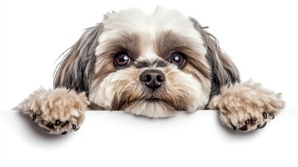 Poster - Adorable fluffy dog peeking over a white sign, paws on the edge, looking at camera.