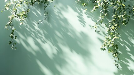 Poster - Lush green vines with shadows cast on a light green wall, creating a natural, organic background.