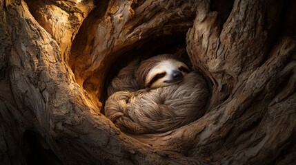 Poster - Sloth sleeping curled in a tree hollow.
